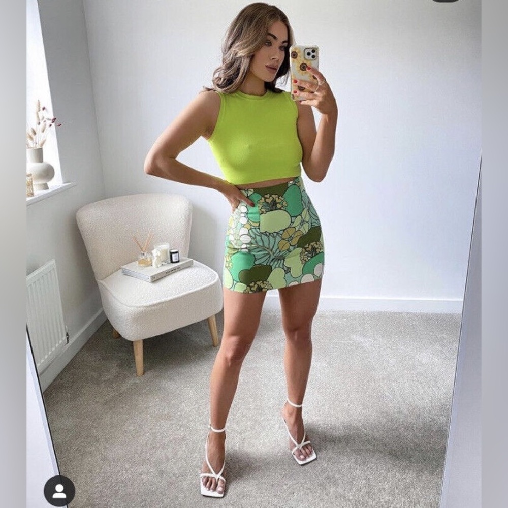 ZARA green retro floral skirt